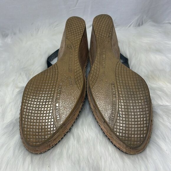 Stuart Weitzman Black Patent Topstitched Slingback Cork Wedge Heels Sz 9.5 - Picture 6 of 6